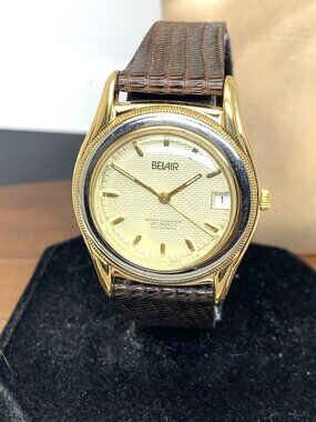 Belair Men's Watch Swiss Automatic 18k Gold Electroplate Case Brown Leather 34mm